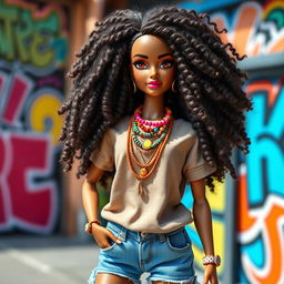 A gorgeous matte-skinned Barbie doll with long, voluminous, textured natural hair styled in beautiful curls
