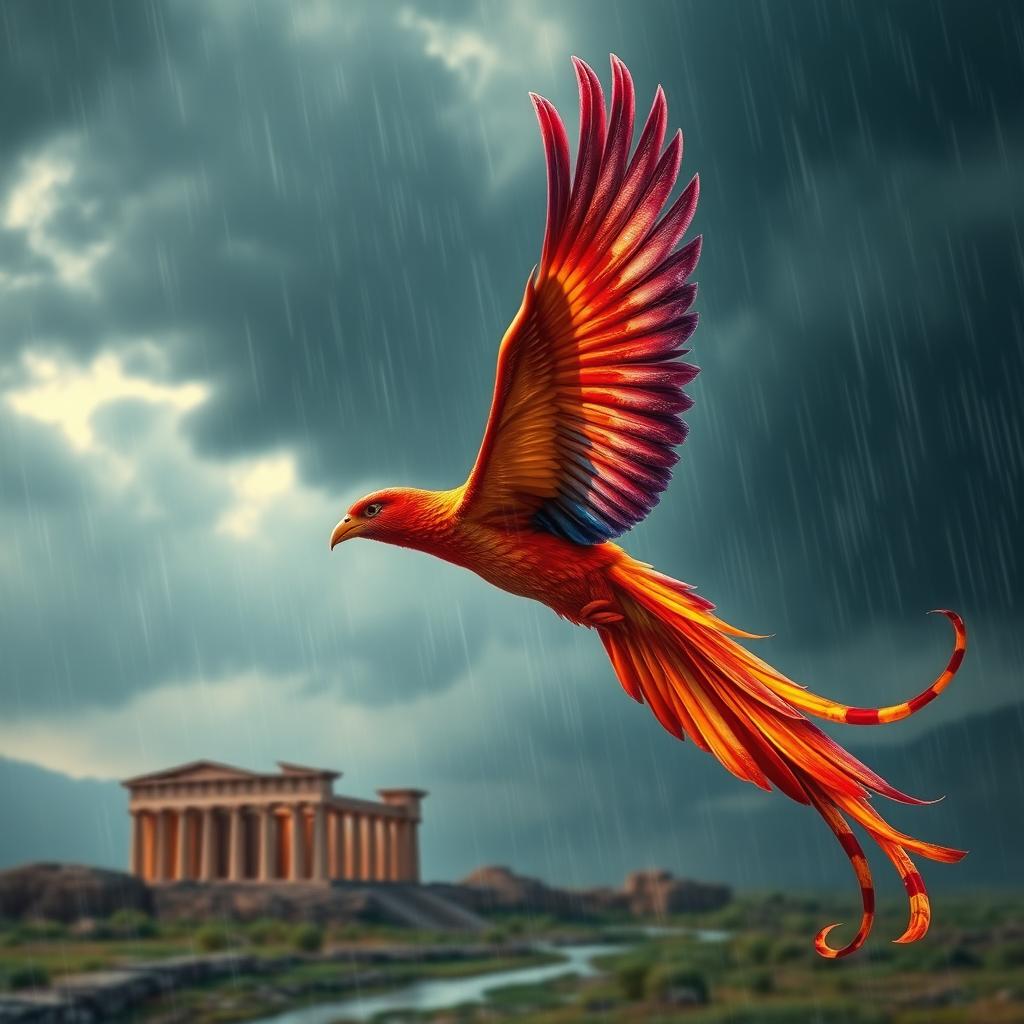 A majestic and colorful phoenix soaring through a rainy sky towards the ancient city of Persepolis, showcasing intricate details of the bird's fiery feathers glistening in drops of rain