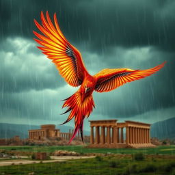 A majestic and colorful phoenix soaring through a rainy sky towards the ancient city of Persepolis, showcasing intricate details of the bird's fiery feathers glistening in drops of rain
