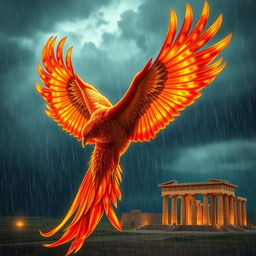 A majestic and colorful phoenix soaring through a rainy sky towards the ancient city of Persepolis, showcasing intricate details of the bird's fiery feathers glistening in drops of rain