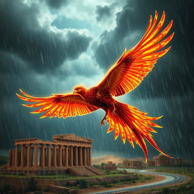 A majestic and colorful phoenix soaring through a rainy sky towards the ancient city of Persepolis, showcasing intricate details of the bird's fiery feathers glistening in drops of rain