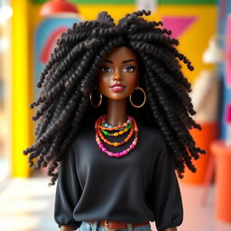 A stunning matte-skinned Barbie doll featuring long, voluminous, textured natural hair styled in beautiful curls