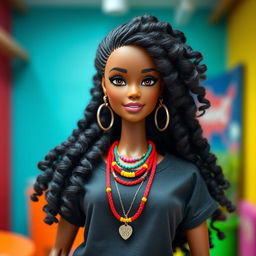 A stunning matte-skinned Barbie doll featuring long, voluminous, textured natural hair styled in beautiful curls