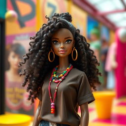 A stunning matte-skinned Barbie doll featuring long, voluminous, textured natural hair styled in beautiful curls
