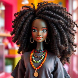 A stunning matte-skinned Barbie doll featuring long, voluminous, textured natural hair styled in beautiful curls