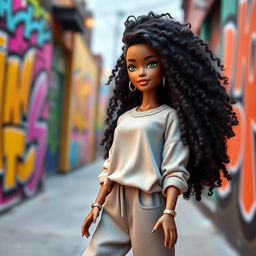 A stunning matte-skinned Barbie doll featuring long, voluminous, textured natural hair styled in beautiful curls