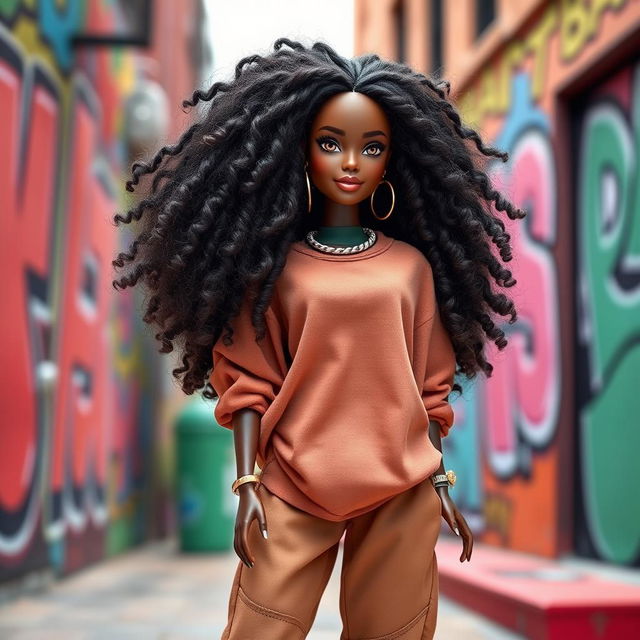 A stunning matte-skinned Barbie doll featuring long, voluminous, textured natural hair styled in beautiful curls