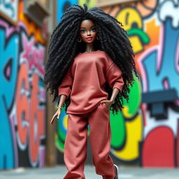 A stunning matte-skinned Barbie doll featuring long, voluminous, textured natural hair styled in beautiful curls