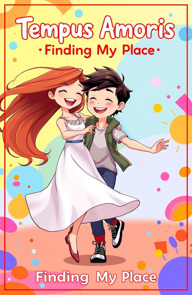 A vibrant and whimsical story cover featuring a girl and a boy dancing joyfully in a colorful setting