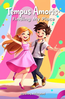 A vibrant and whimsical story cover featuring a girl and a boy dancing joyfully in a colorful setting