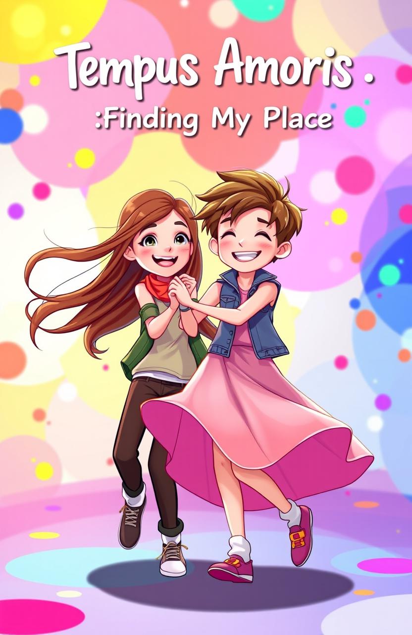 A vibrant and whimsical story cover featuring a girl and a boy dancing joyfully in a colorful setting