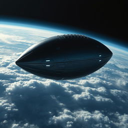 A gigantic alien spaceship shaped like an American football is slowly descending over the clouds of Neptune, captured from an aerial perspective