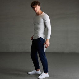 Casual, long sports attire for an adult male, featuring comfort-fit sports trousers, a lightweight long-sleeved top, and a pair of casual sports shoes.