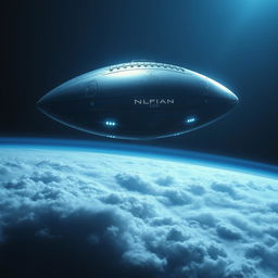 A gigantic alien spaceship shaped like an American football is slowly descending over the clouds of Neptune, captured from an aerial perspective