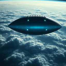 A gigantic alien spaceship shaped like an American football is slowly descending over the clouds of Neptune, captured from an aerial perspective