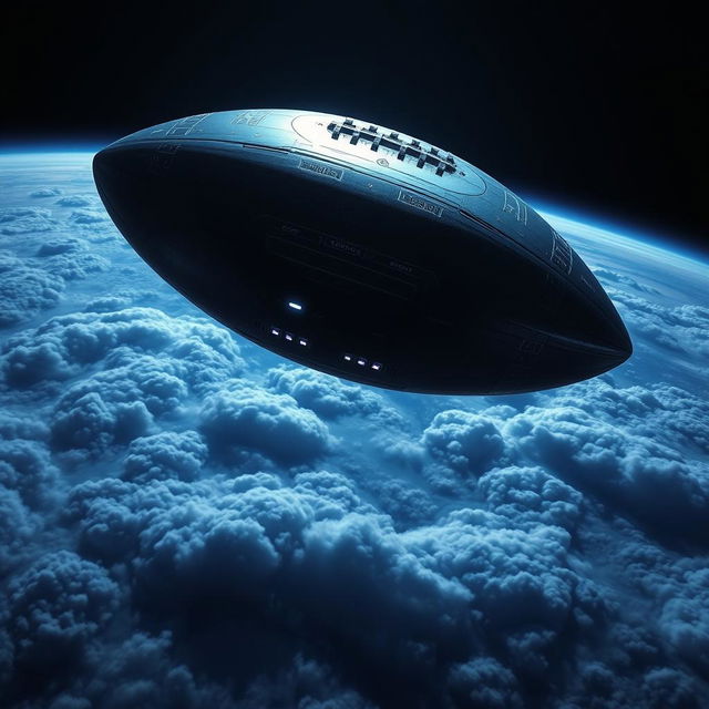 A gigantic alien spaceship shaped like an American football is slowly descending over the clouds of Neptune, captured from an aerial perspective