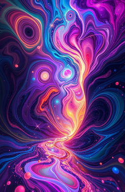 A mesmerizing abstract artwork featuring vibrant swirling colors, intricate patterns, and glowing lights that create a captivating illusion of movement, reminiscent of a dreamlike cosmic landscape