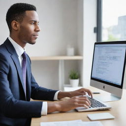 A dedicated tax professional attentively processing online tax incentive applications on their computer.