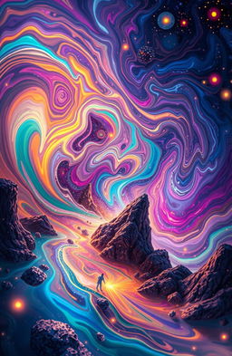 A mesmerizing abstract artwork featuring vibrant swirling colors, intricate patterns, and glowing lights that create a captivating illusion of movement, reminiscent of a dreamlike cosmic landscape