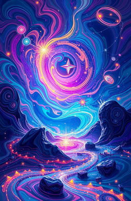 A mesmerizing abstract artwork featuring vibrant swirling colors, intricate patterns, and glowing lights that create a captivating illusion of movement, reminiscent of a dreamlike cosmic landscape