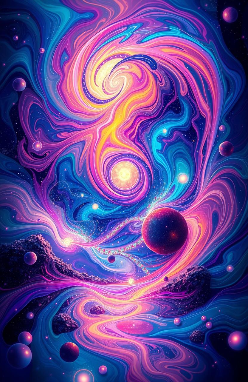 A mesmerizing abstract artwork featuring vibrant swirling colors, intricate patterns, and glowing lights that create a captivating illusion of movement, reminiscent of a dreamlike cosmic landscape