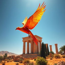 A majestic phoenix gracefully soaring towards the ancient ruins of the Persepolis tower, her fiery feathers shimmering in vibrant reds and oranges against a clear blue sky