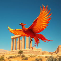 A majestic phoenix gracefully soaring towards the ancient ruins of the Persepolis tower, her fiery feathers shimmering in vibrant reds and oranges against a clear blue sky