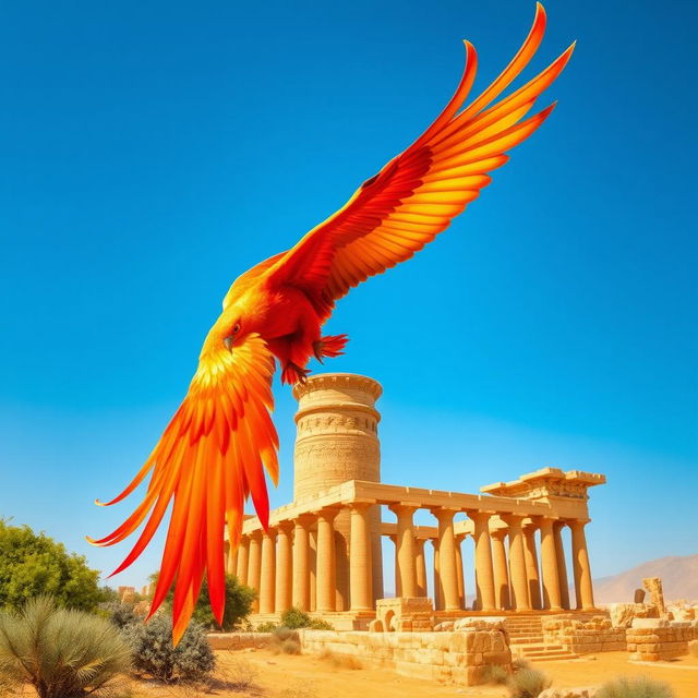 A majestic phoenix gracefully soaring towards the ancient ruins of the Persepolis tower, her fiery feathers shimmering in vibrant reds and oranges against a clear blue sky