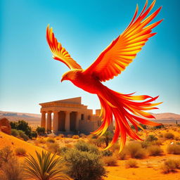 A majestic phoenix gracefully soaring towards the ancient ruins of the Persepolis tower, her fiery feathers shimmering in vibrant reds and oranges against a clear blue sky
