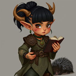 A female halfling with sleek black hair styled in a bun with an undercut, adorned with wooden horns on her head