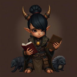 A female halfling with sleek black hair styled in a bun with an undercut, adorned with wooden horns on her head