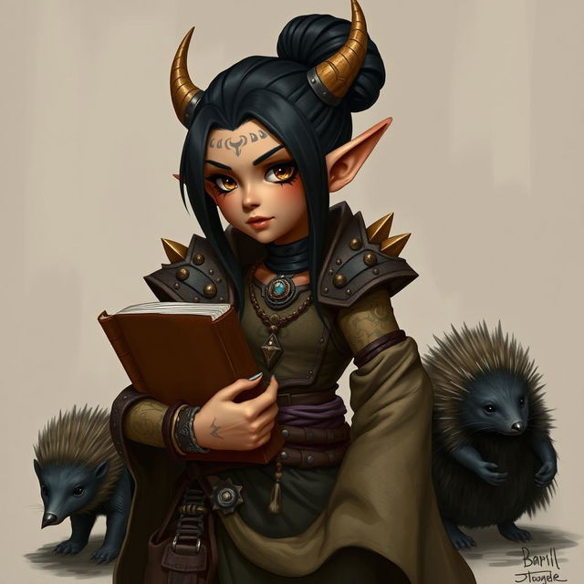 A female halfling with sleek black hair styled in a bun with an undercut, adorned with wooden horns on her head