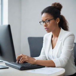 A dedicated tax professional attentively processing online tax incentive applications on their computer.