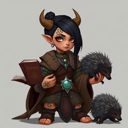 A female halfling with sleek black hair styled in a bun with an undercut, adorned with wooden horns on her head