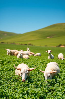 A high-quality image depicting lush green alfalfa fields under a clear blue sky, showcasing the vibrant color and healthy crops