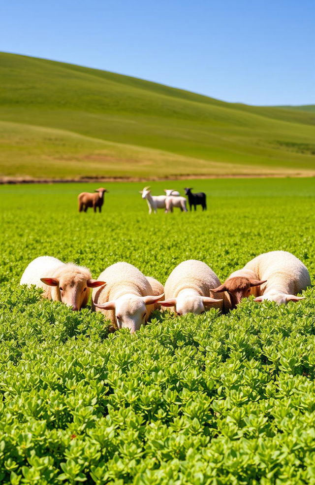 A high-quality image depicting lush green alfalfa fields under a clear blue sky, showcasing the vibrant color and healthy crops