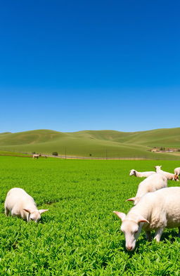 A high-quality image depicting lush green alfalfa fields under a clear blue sky, showcasing the vibrant color and healthy crops