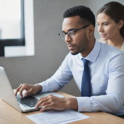 A dedicated tax professional attentively processing online tax incentive applications on their computer.