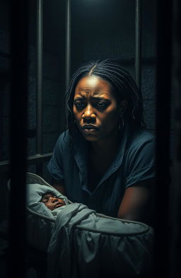 A powerful and emotional image depicting the pain and despair of a Black woman in a dimly lit prison cell, her expression filled with sorrow and distress