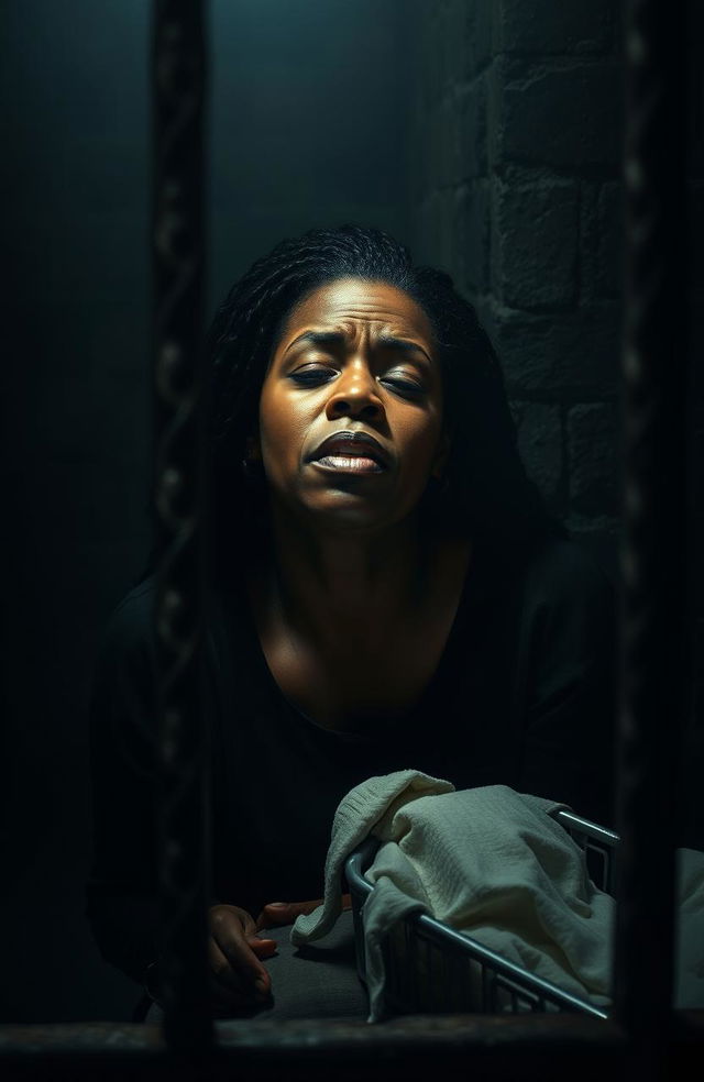 A powerful and emotional image depicting the pain and despair of a Black woman in a dimly lit prison cell, her expression filled with sorrow and distress