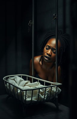 A powerful and emotional image depicting the pain and despair of a Black woman in a dimly lit prison cell, her expression filled with sorrow and distress