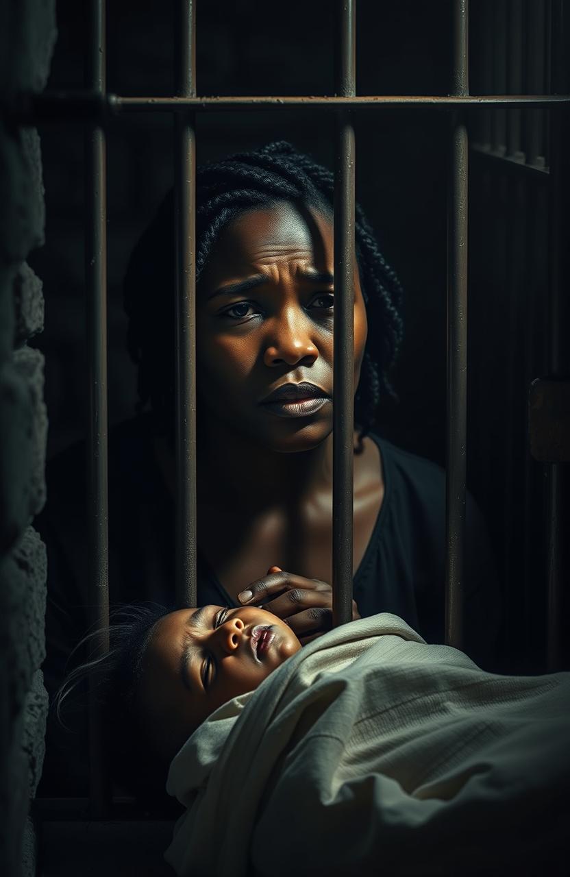 A powerful and emotional image depicting the pain and despair of a Black woman in a dimly lit prison cell, her expression filled with sorrow and distress