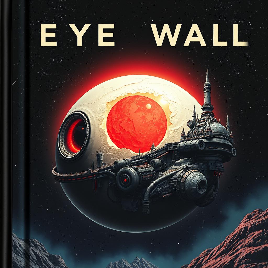 An imaginative book cover featuring a surreal eyeball planet located near a vibrant red dwarf star