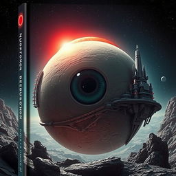 An imaginative book cover featuring a surreal eyeball planet located near a vibrant red dwarf star