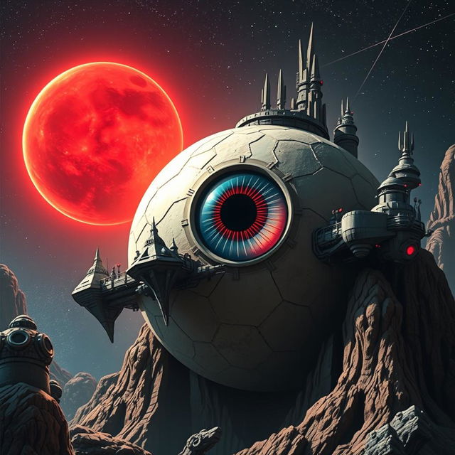 An imaginative book cover featuring a surreal eyeball planet located near a vibrant red dwarf star