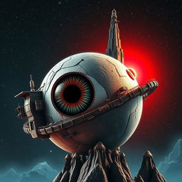 An imaginative book cover featuring a surreal eyeball planet located near a vibrant red dwarf star