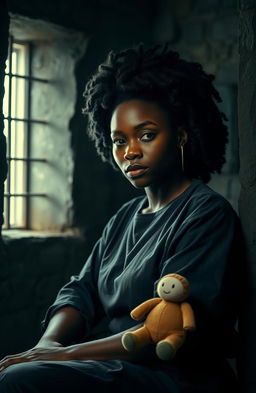 A powerful, resilient Black woman sitting in a dark prison cell, showcasing her determination and strength, despite the somber surroundings
