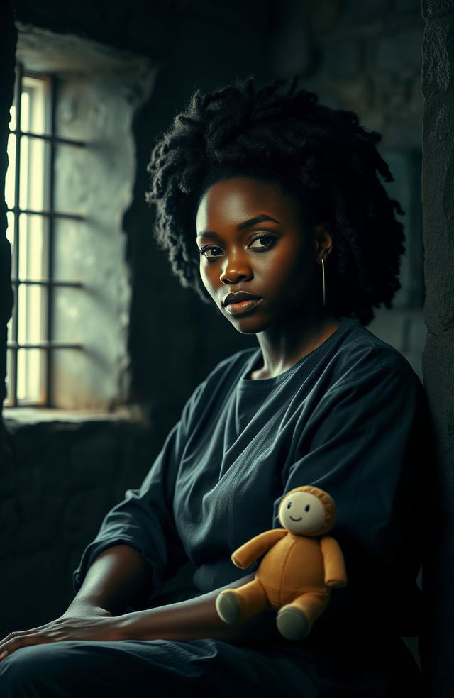 A powerful, resilient Black woman sitting in a dark prison cell, showcasing her determination and strength, despite the somber surroundings