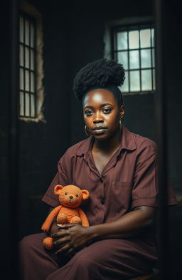 A powerful, resilient Black woman sitting in a dark prison cell, showcasing her determination and strength, despite the somber surroundings