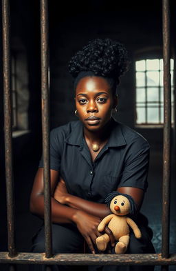 A powerful, resilient Black woman sitting in a dark prison cell, showcasing her determination and strength, despite the somber surroundings